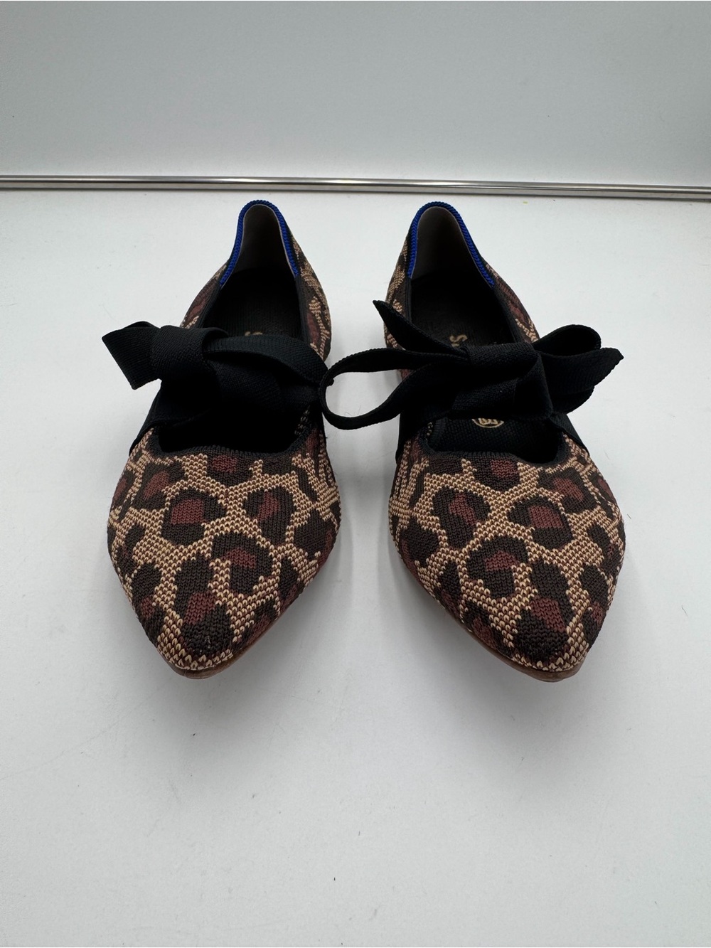 Rothy’s Leopard Print Pointed Toe Ballet Flats Black Bow Womens Size 11.5